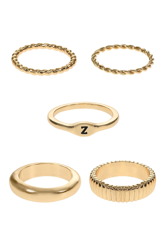 Goldtone Initial Letter Ring Set, 5 Piece, Size 7, Letter Z