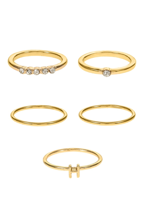 Goldtone Initial Letter Ring Set, 5 Pieces, Sizes 7/8, Letter H