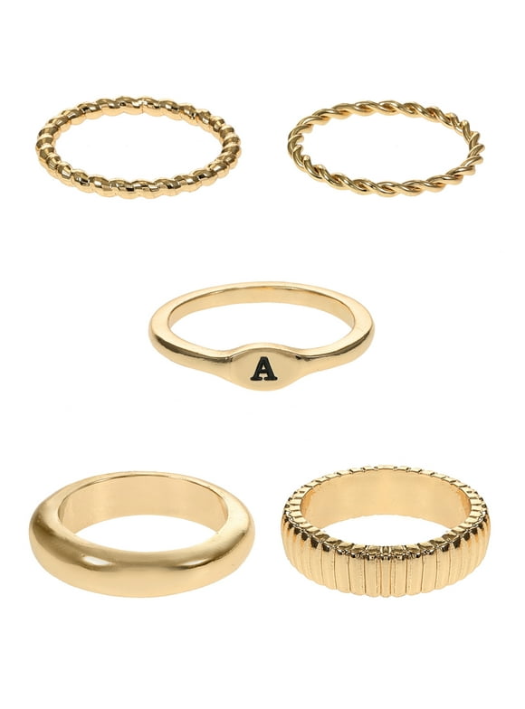 Goldtone Initial Ring Set, 5 Piece, Size 7, Initial A