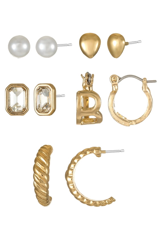 Goldtone Multi Earring Set, 5 Pairs, Initial B