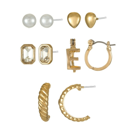 Time and Tru Goldtone Multi Earring Set, 5 Pairs, Initial E