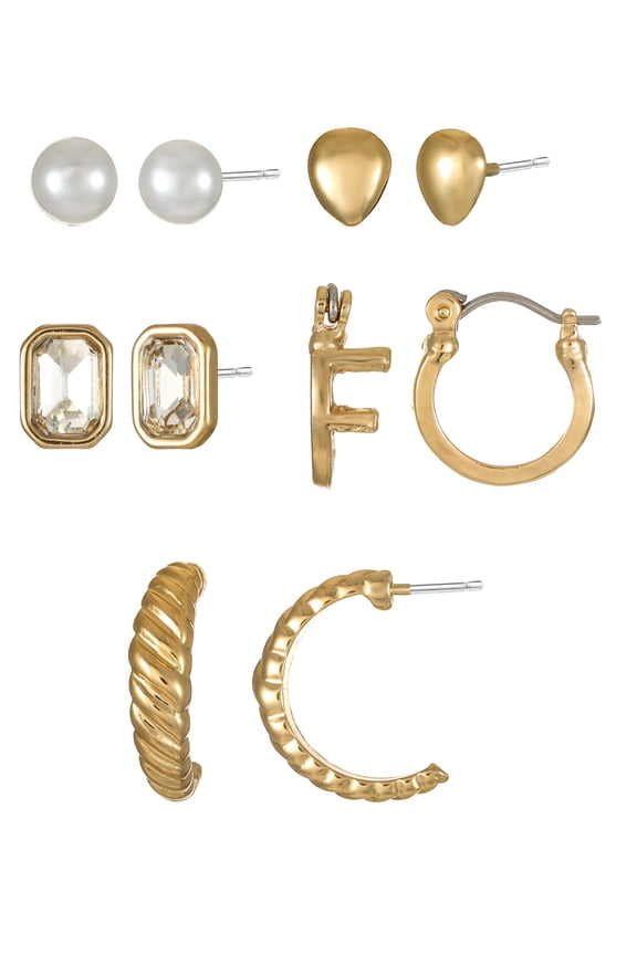 Goldtone Multi Earring Set, 5 Pairs, Initial F
