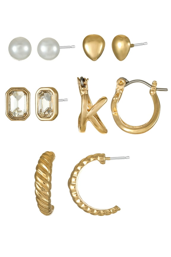 Goldtone Multi Earring Set, 5 Pairs, Initial K