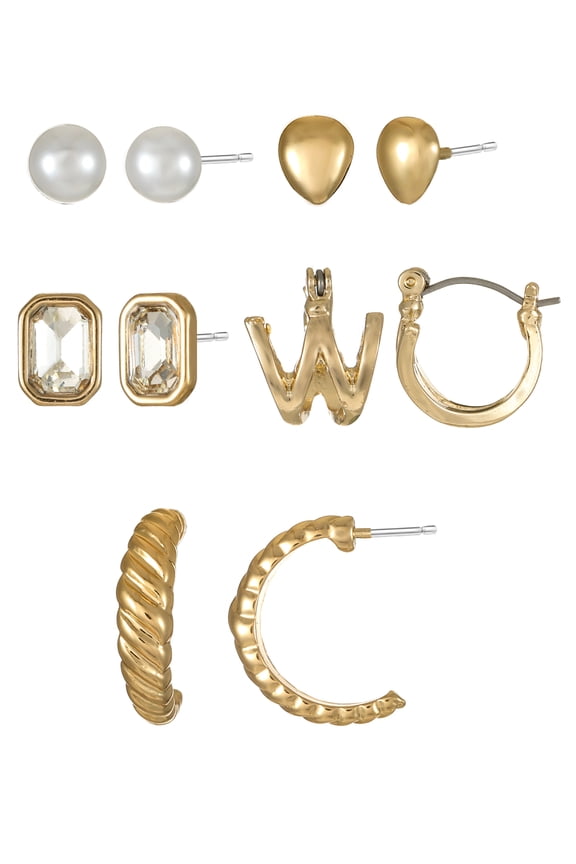 Goldtone Multi Earring Set, 5 Pairs, Initial W