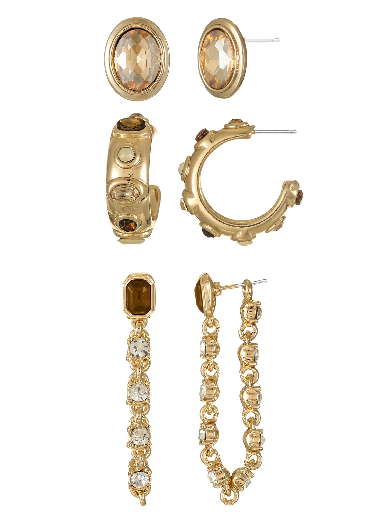 TIME AND TRU Goldtone Multi Earring Set with Stud, Hoop and Drop Earrings, Brown, 3 Pairs
