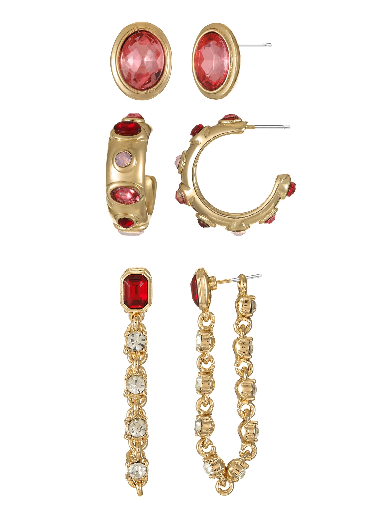 TIME AND TRU Goldtone Multi Earring Set with Stud, Hoop and Drop Earrings, Pink, 3 Pairs