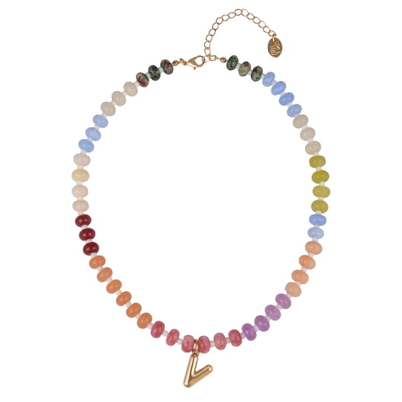 Time and Tru Goldtone Multicolored Bead Initial "V" Necklace