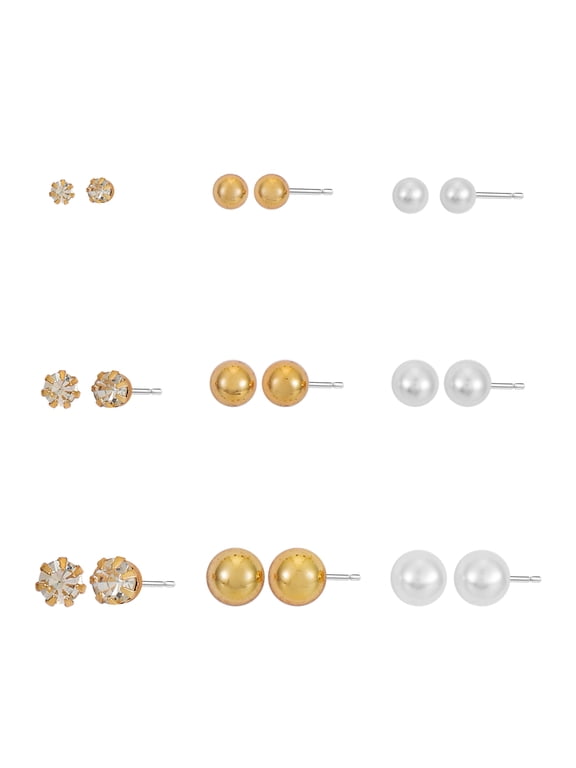 Goldtone Pearl Stud Earrings Set for Women, 4.30 x 2.30 x 0.50 inches