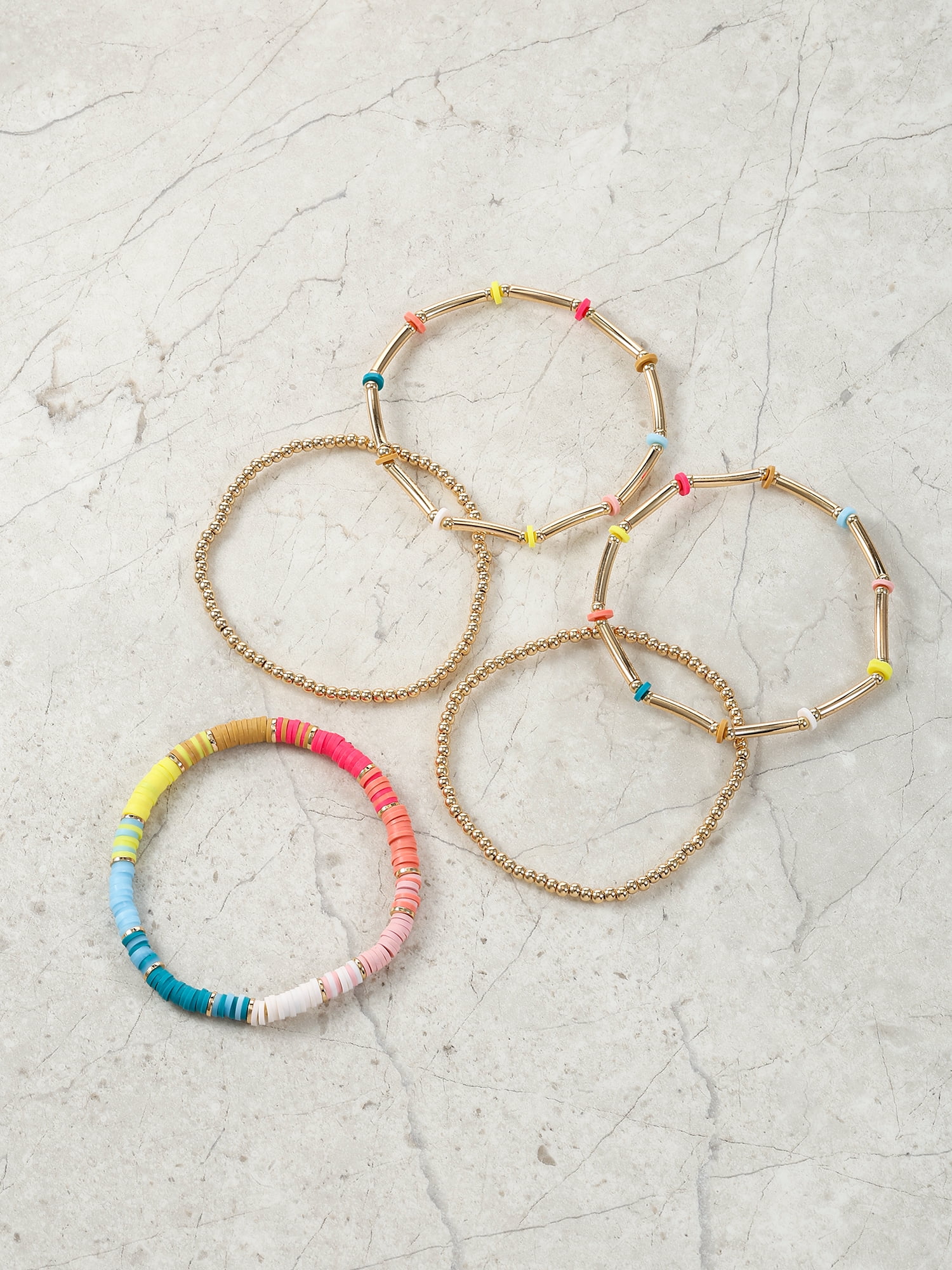 Time and Tru Goldtone Stretch Beaded Bracelet Set, Multicolored Beads, 5 Pieces