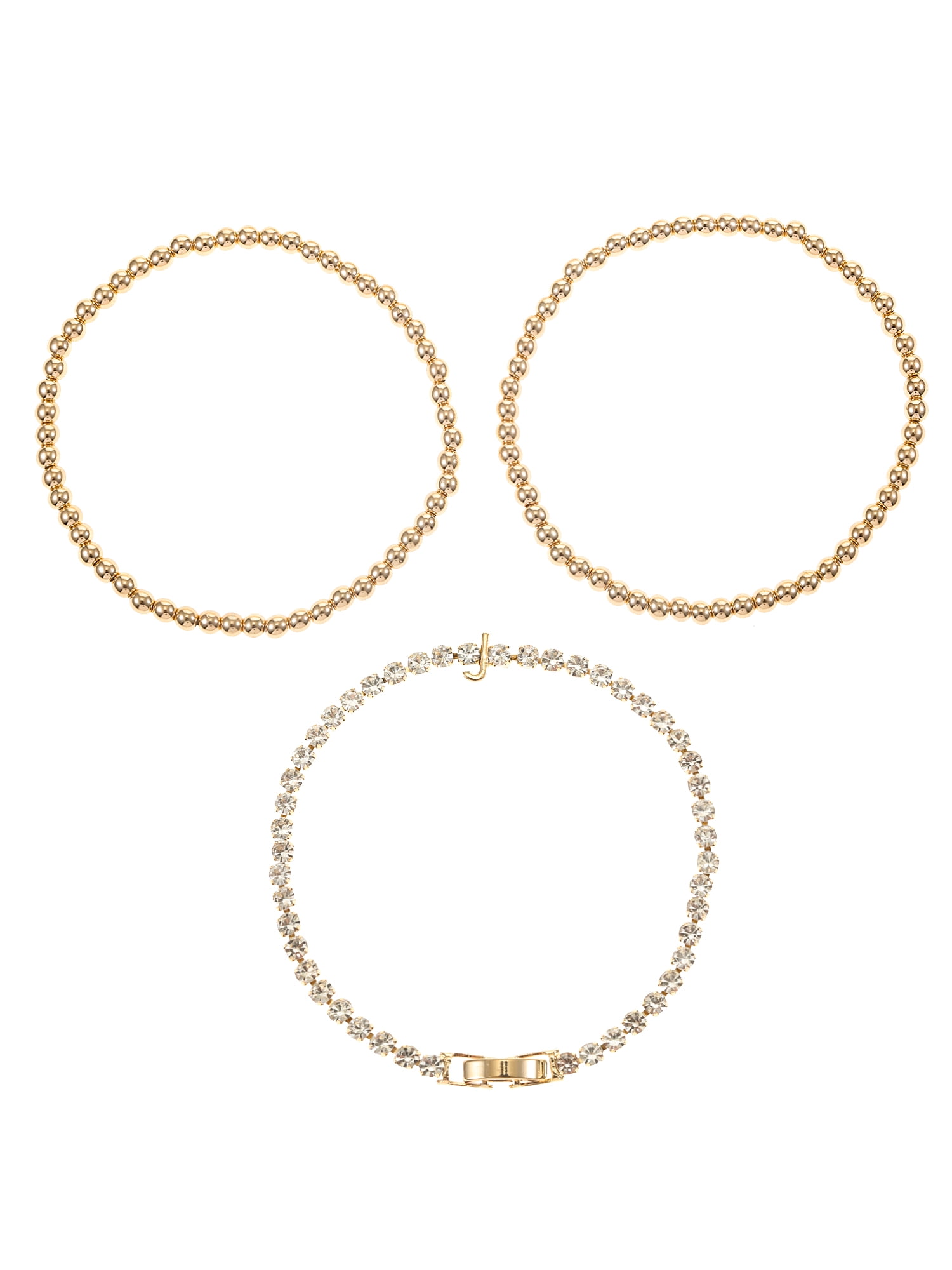 Walmart Deals of Time and Tru Goldtone and Crystal Beaded Stretch Bracelets, 3 Pieces, Initial Letter J