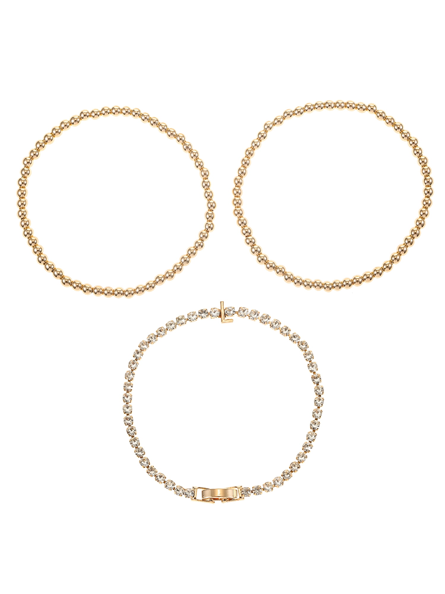 Time and Tru Goldtone and Crystal Beaded Stretch Bracelets, 3 Pieces, Initial Letter L