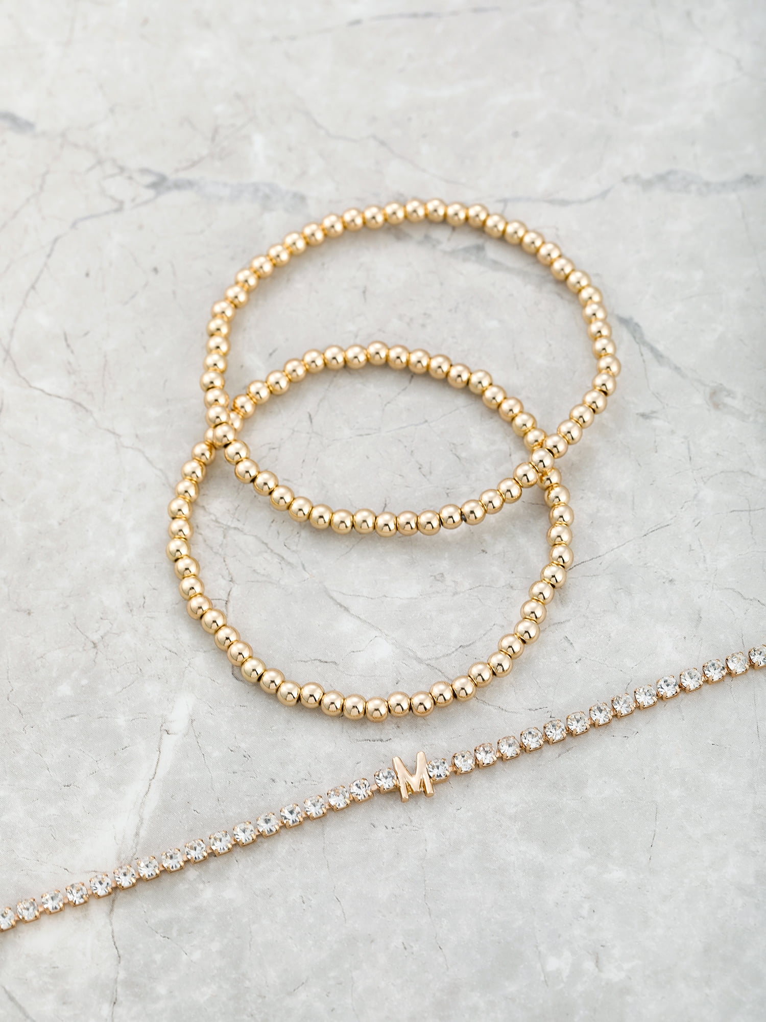 Time and Tru Goldtone and Crystal Beaded Stretch Bracelets, 3 Pieces, Initial Letter M