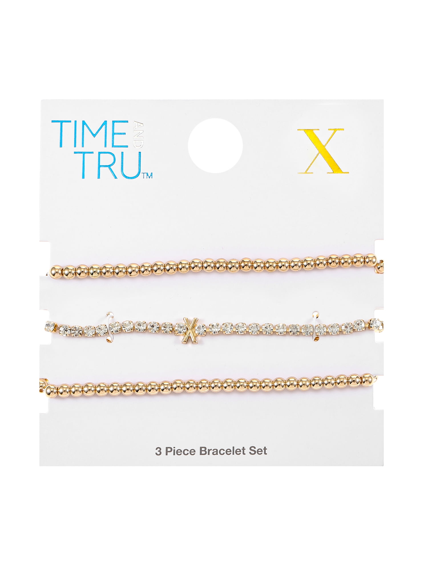 Time and Tru Goldtone and Crystal Beaded Stretch Bracelets, 3 Pieces, Initial Letter X