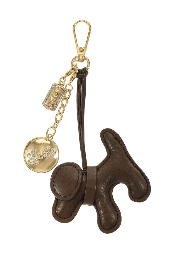 Goldtone and Faux Leather Dog Bag Charm, Brown, 1 Piece