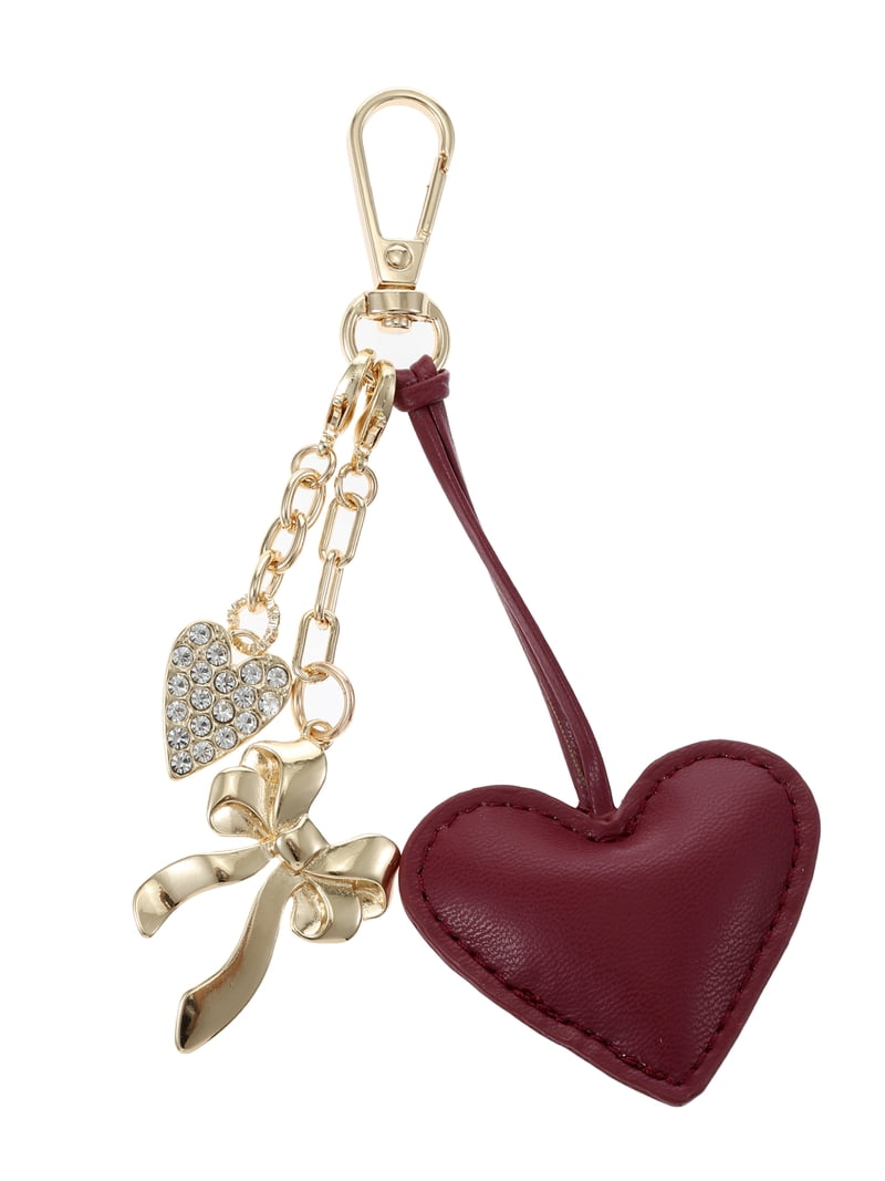 Time and Tru Goldtone and Faux Leather Heart Bag Charm, Red, 1