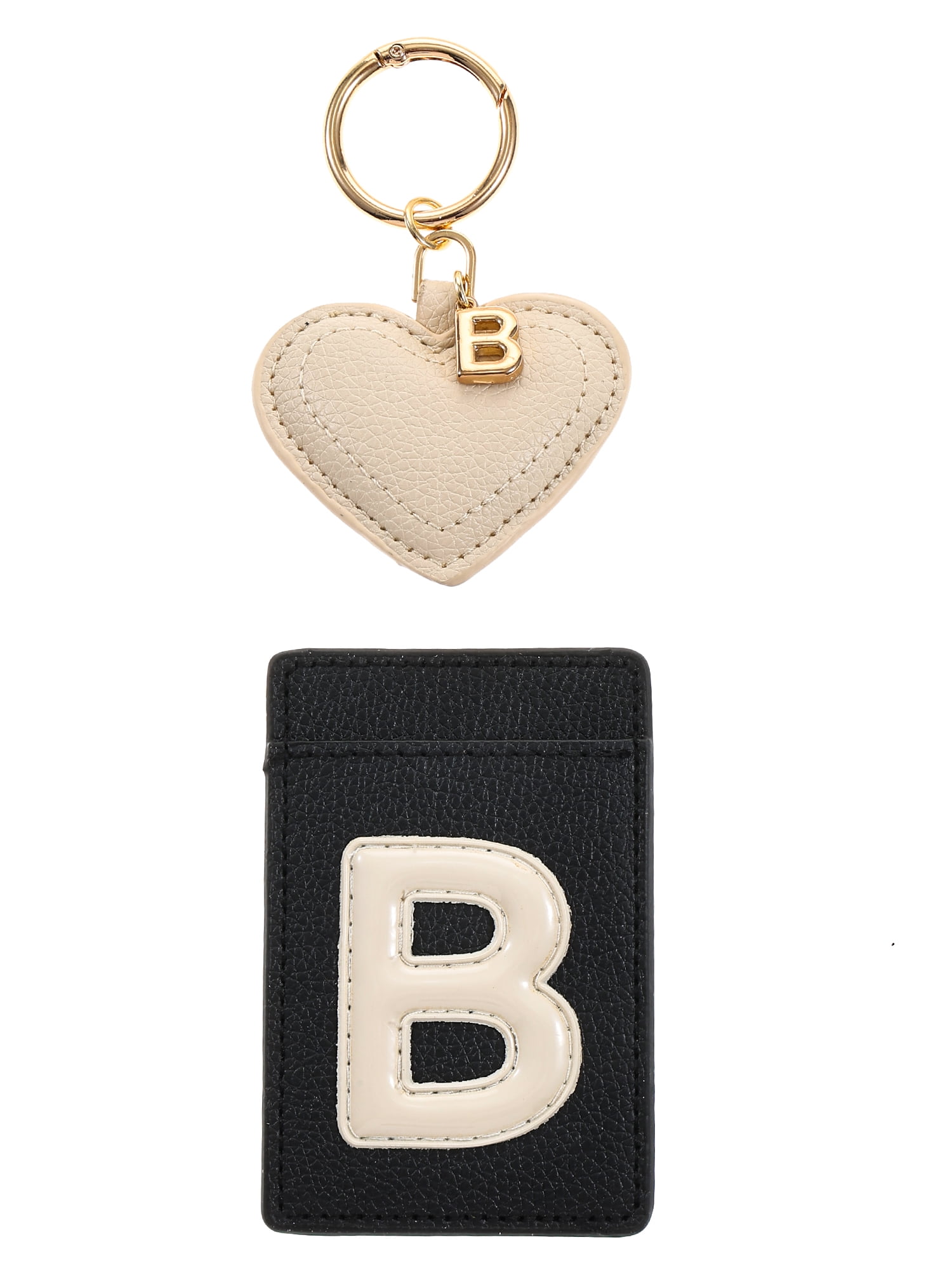 Time and Tru Goldtone and Faux Leather Heart-Shaped Keyring and Adhesive Phone Wallet, Initial Letter B, 2 Pieces, Black and Ivory