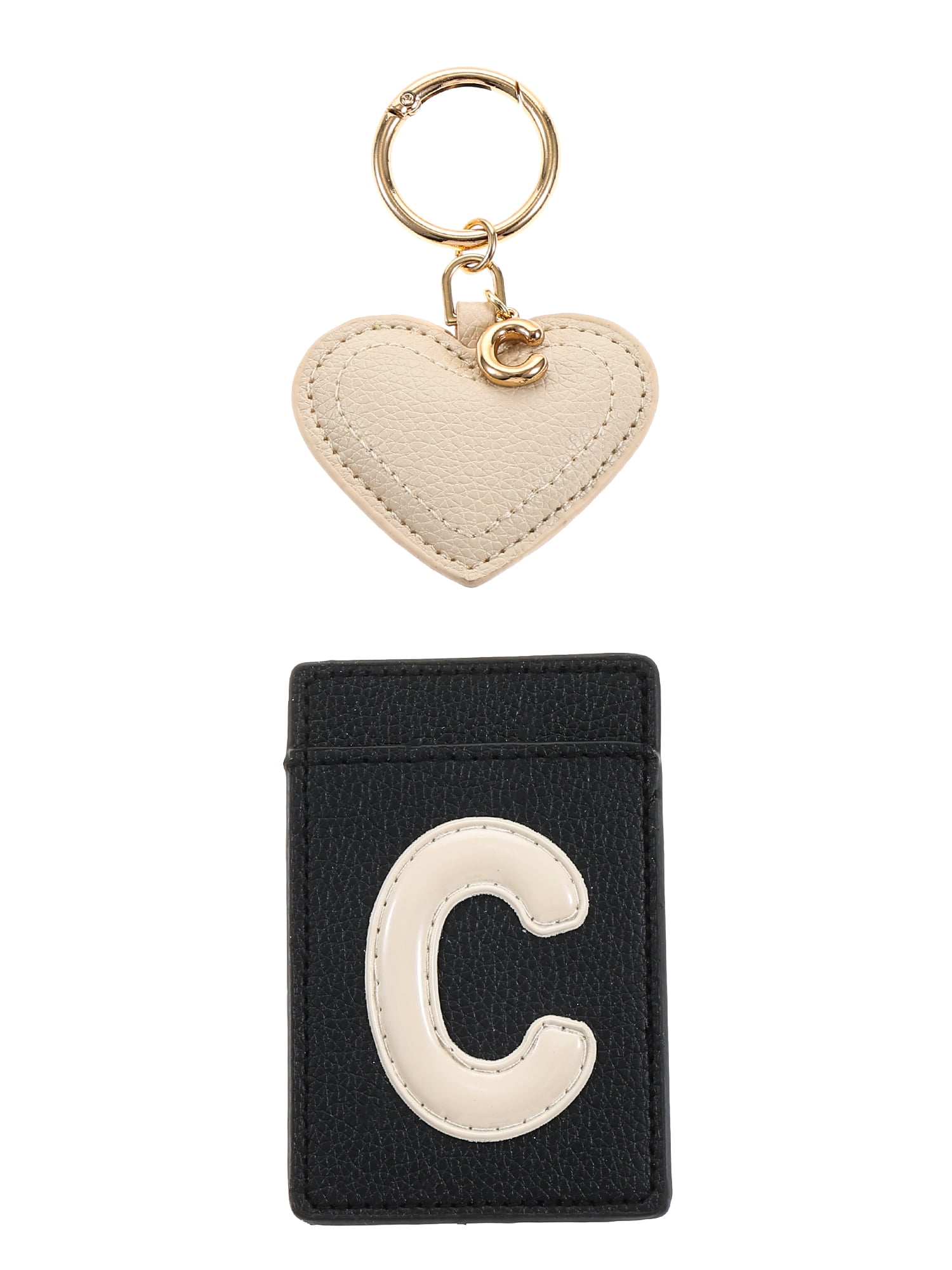 Time and Tru Goldtone and Faux Leather Heart-Shaped Keyring and Adhesive Phone Wallet, Initial Letter C, 2 Pieces, Black and Ivory