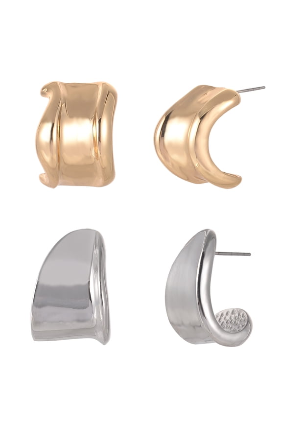 Goldtone and Silvertone 2-On Textured Wide Hoops Earring Set