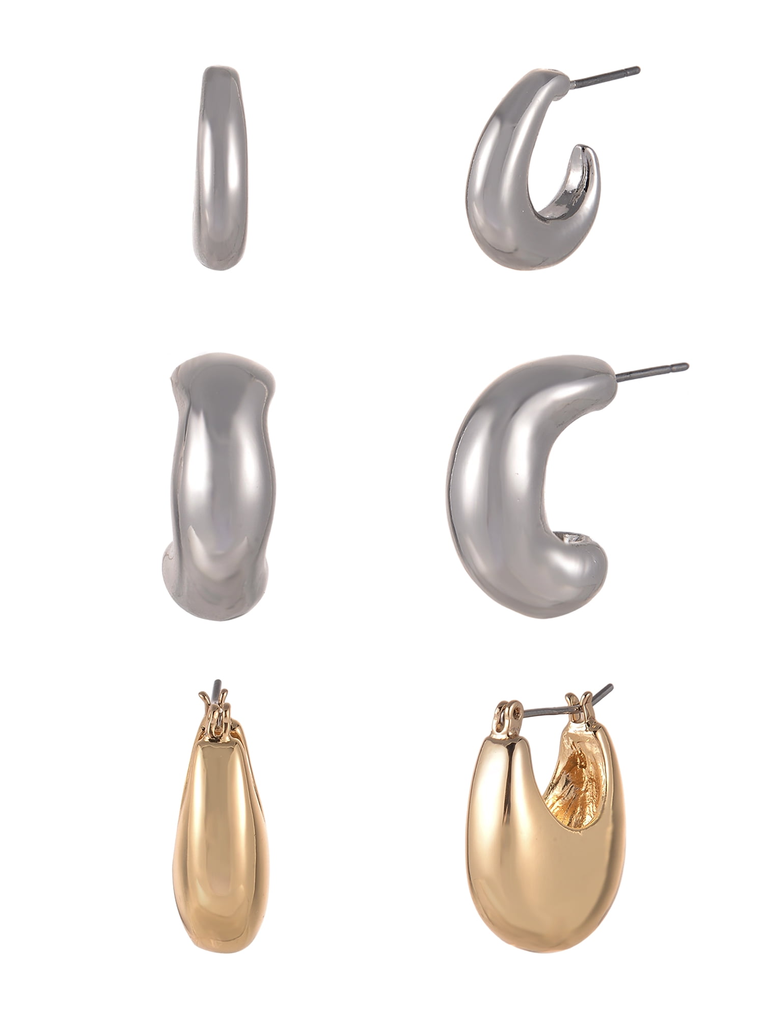 Time and Tru Goldtone and Silvertone 3-On Thick Deep Hoops and C-Hoop Earring Set