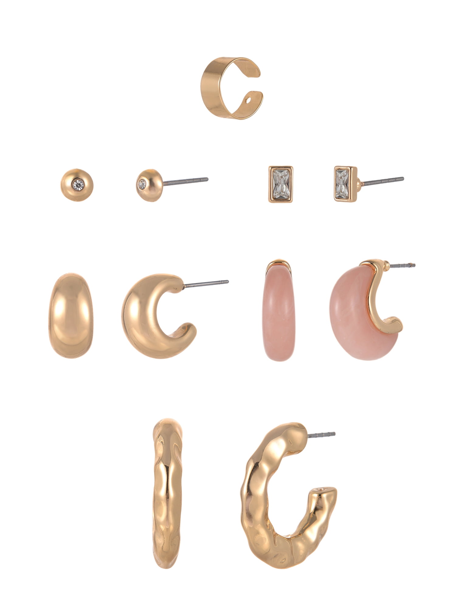 Time and Tru Goldtone and Silvertone 5-On Milky Pink Swirl Resin Hoop and Studs Earring Stacker Set