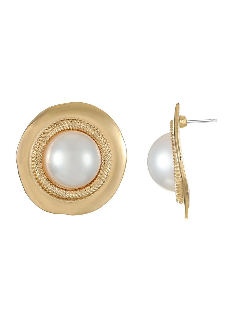 Time and Tru Goldtone and Simulated Pearl Button Stud Earrings,
