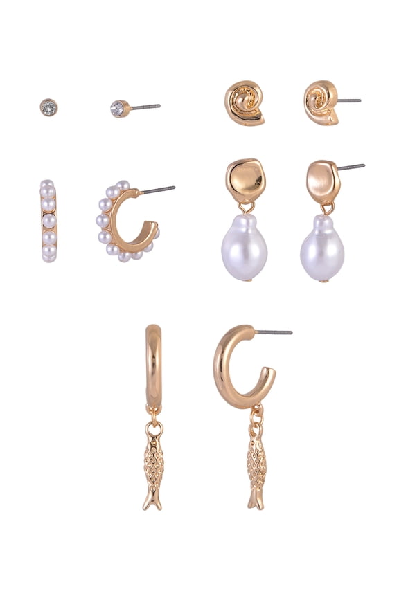 Goldtonev5-On Acrylic Pearl Metal Fish Drop Stacker Earring Set