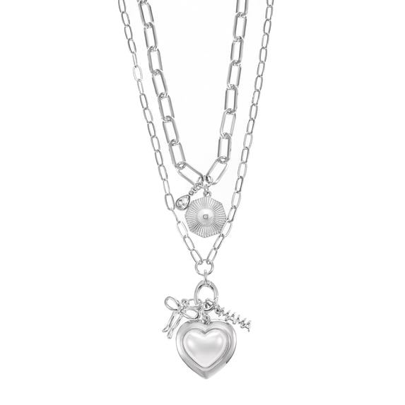 Time and Tru Heart Charm Layered Necklace Set Silvertone
