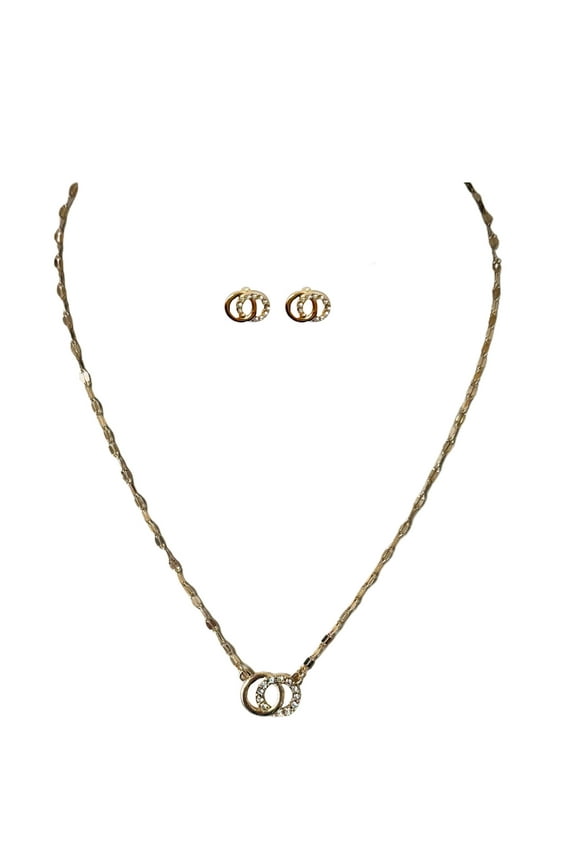 Interlocking Circles with Stones Earrings and Necklace 2 Piece Set Gold Plated for Female Adults and Teens