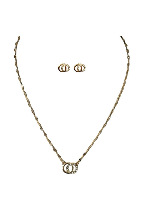 Interlocking Circles with Stones Earrings and Necklace 2 Piece Set Gold Plated for Female Adults and Teens