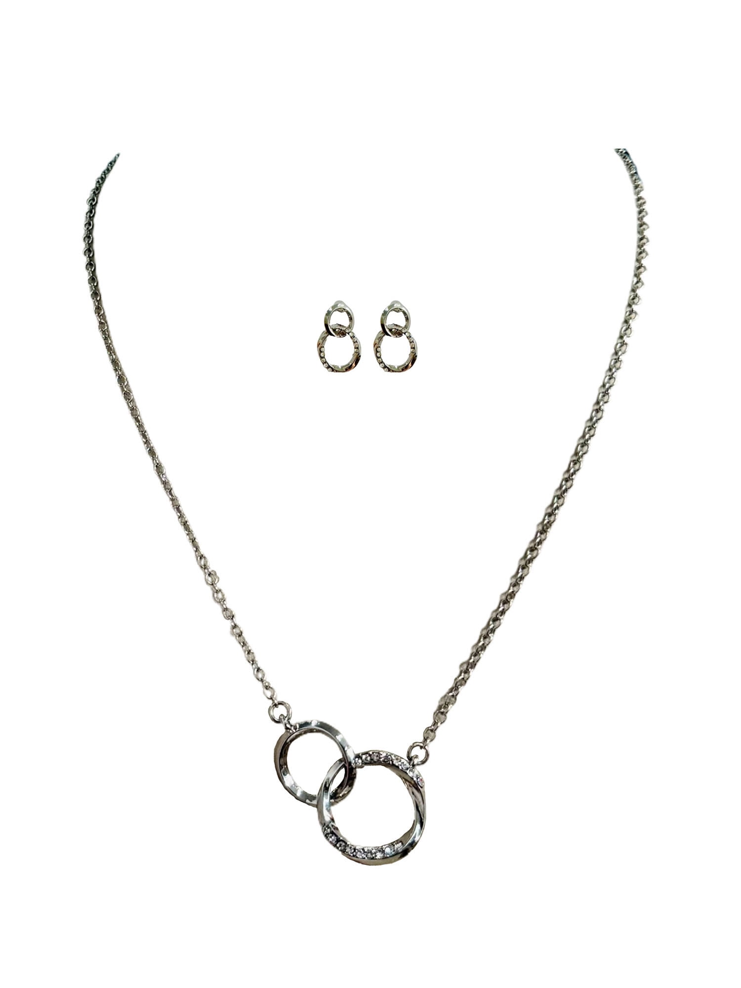 Time and Tru Interlocking Circles with Stones Earrings and Necklace 2 Piece Set Rhodium Silver for Female Adults and Teens