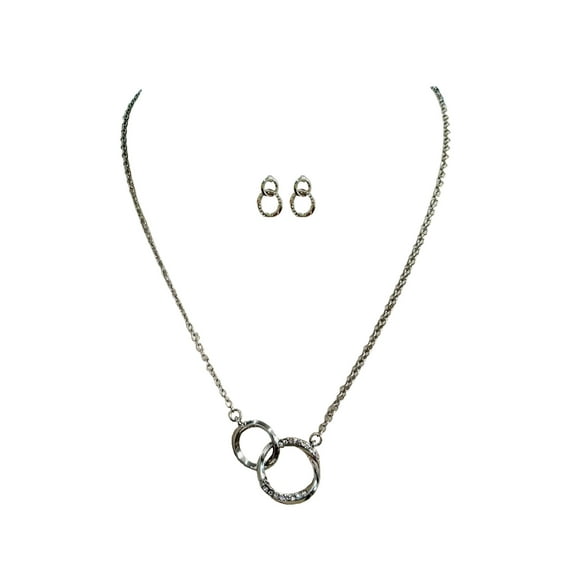 Time and Tru Interlocking Circles with Stones Earrings and Necklace 2 Piece Set Rhodium Silver for Female Adults and Teens