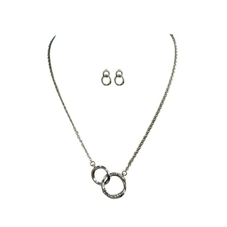 Time and Tru Interlocking Circles with Stones Earrings and Necklace 2 Piece Set Rhodium Silver for Female Adults and Teens