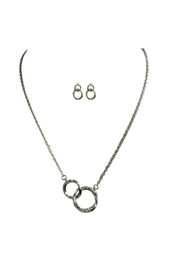 Interlocking Circles with Stones Earrings and Necklace 2 Piece Set Rhodium Silver for Female Adults and Teens