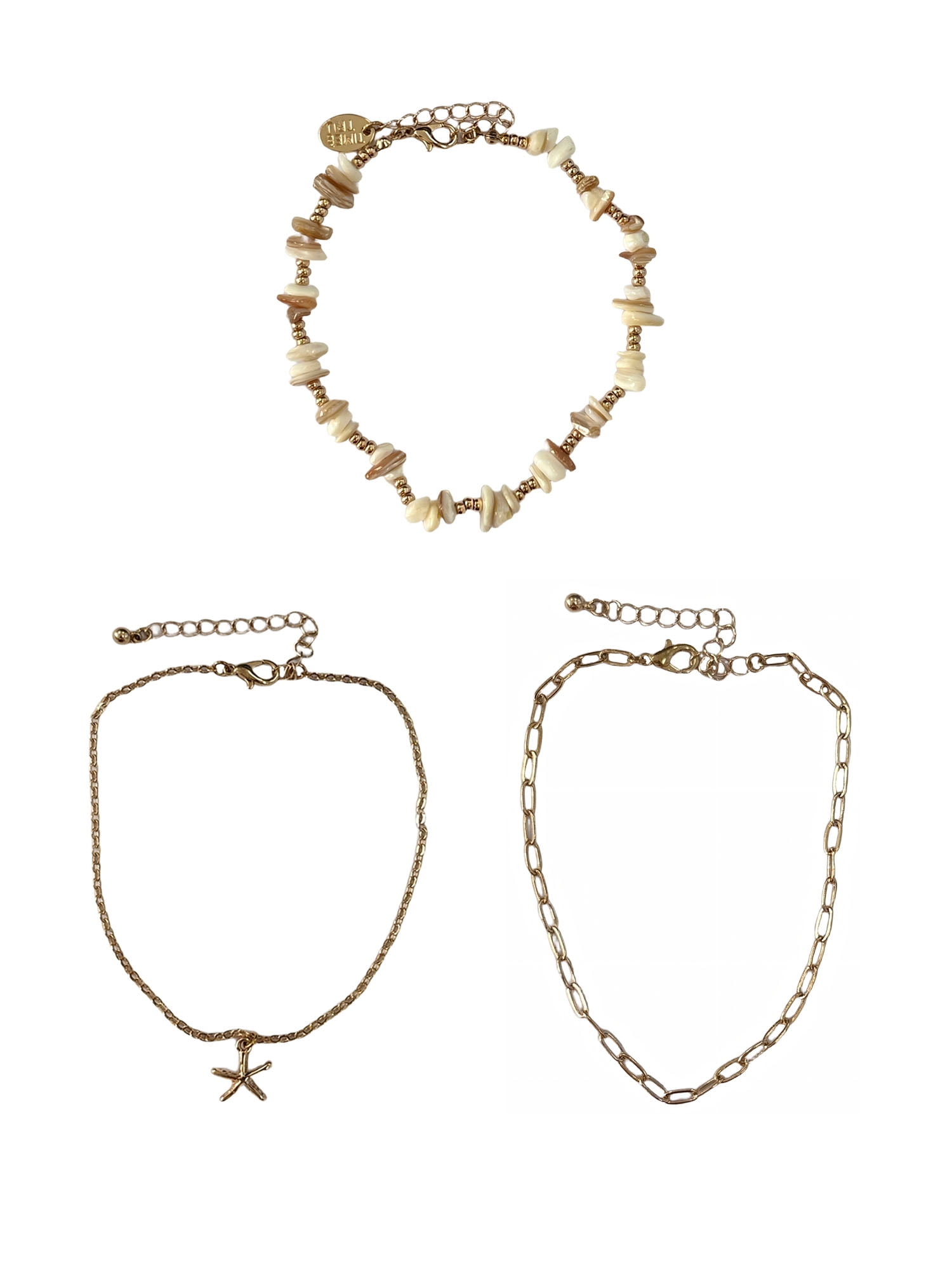 Ivory and Gold Plated Shells and Starfish Anklets for Female Adults and Teens, 3 pack