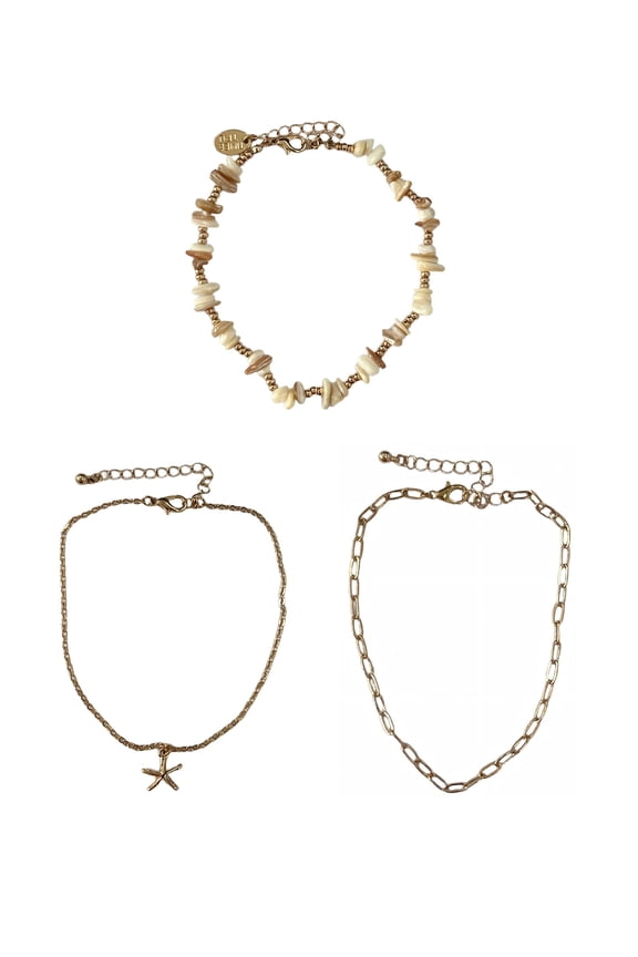 Ivory and Gold Plated Shells and Starfish Anklets for Female Adults and Teens, 3 pack