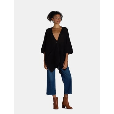 Time and Tru Women's Knit Fashion Ruana with Single Button, One Size, Black