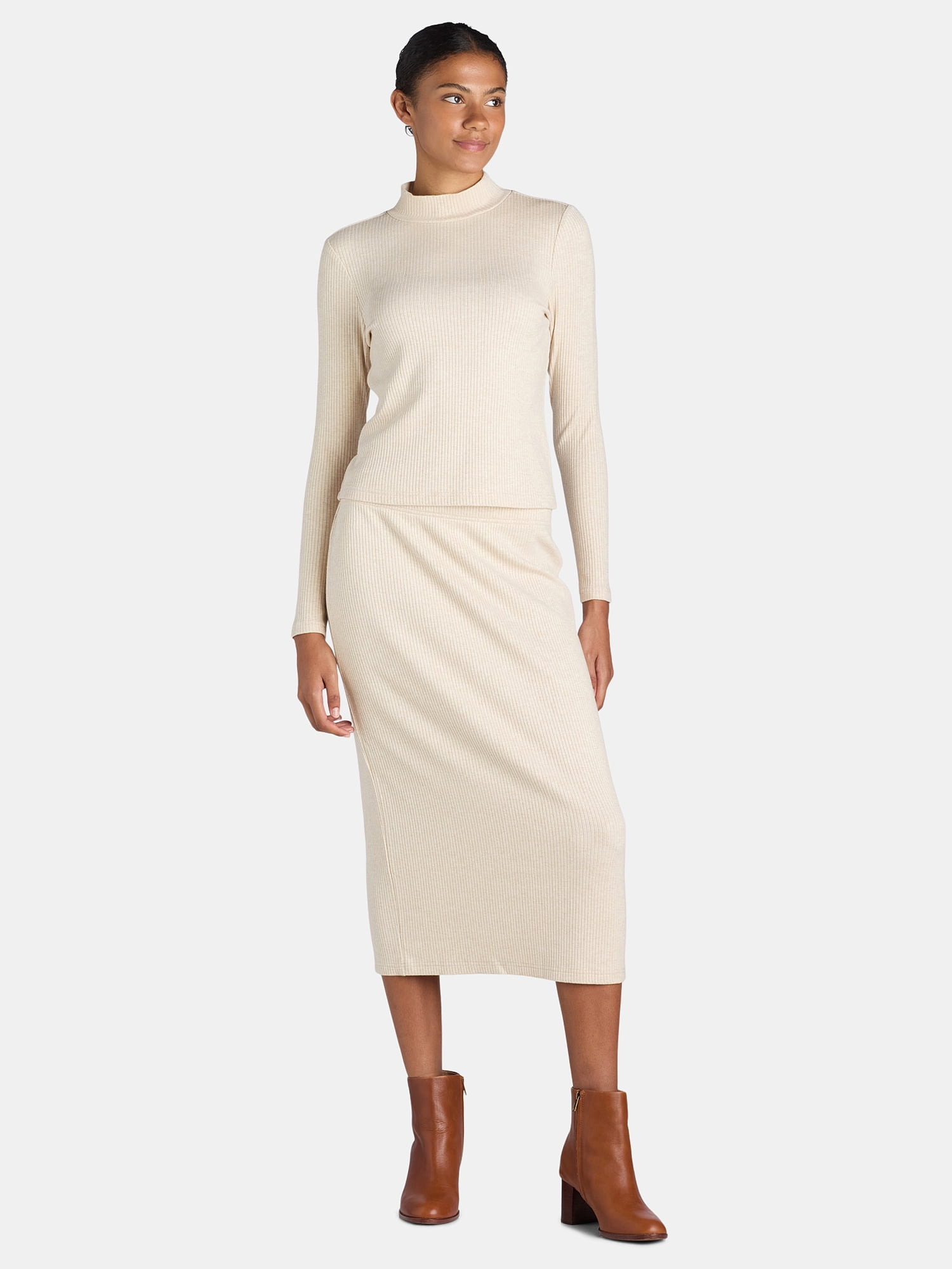 Time and Tru Women's Mock Neck Top and Midi Skirt Set, 2-Piece, Sizes XS-XXXL