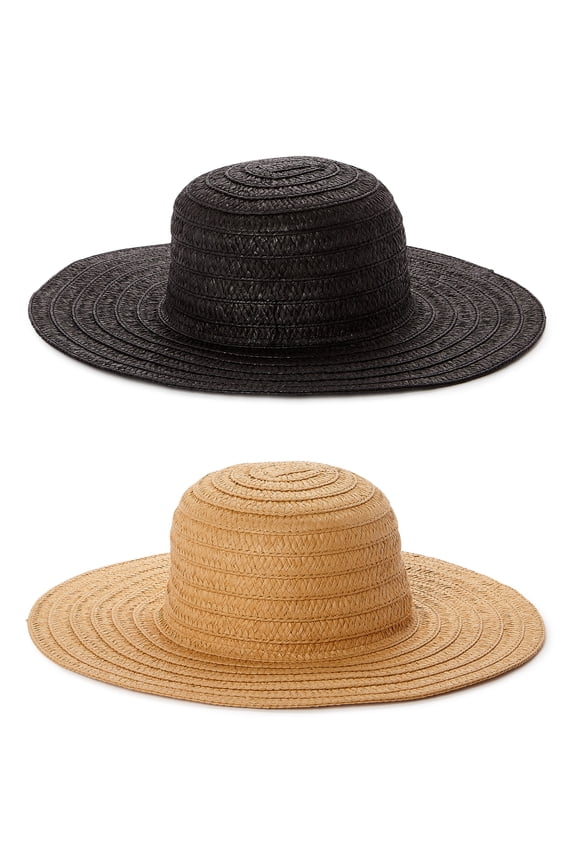 , Ladies Floppy Straw Sun Hats, 2 pack, Black and Tan, Adult One Size Fits Most