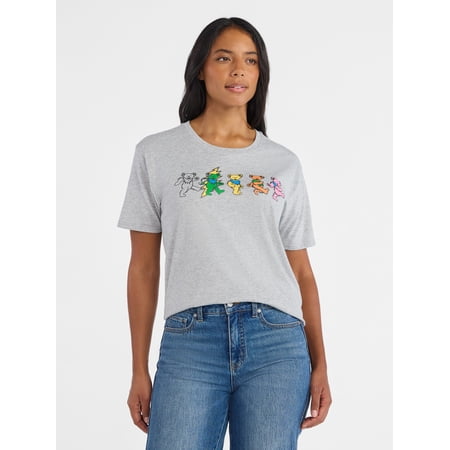 Time and Tru Women's Grateful Dead Dancing Bear Line Up Graphic Tee with Short Sleeves, Sizes XS-XXXL