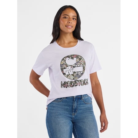 Time and Tru Women's Woodstock Quilted Graphic Tee with Short Sleeves, Sizes XS-XXXL