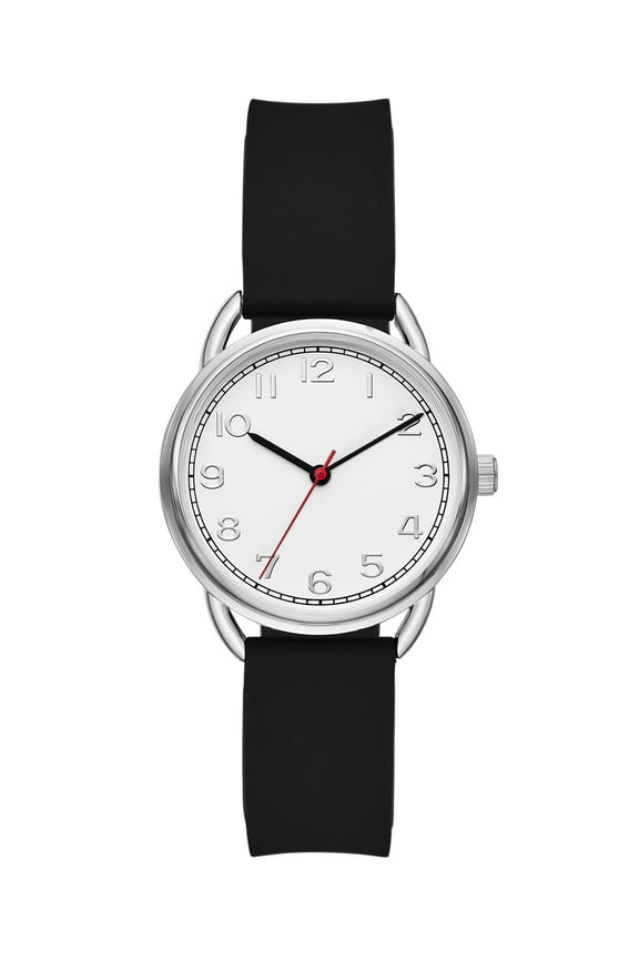 Ladies' Watch, Silver Round Case, Silver Easy to Read Dial and Black Smooth Silicone Strap (FMDOTT094)