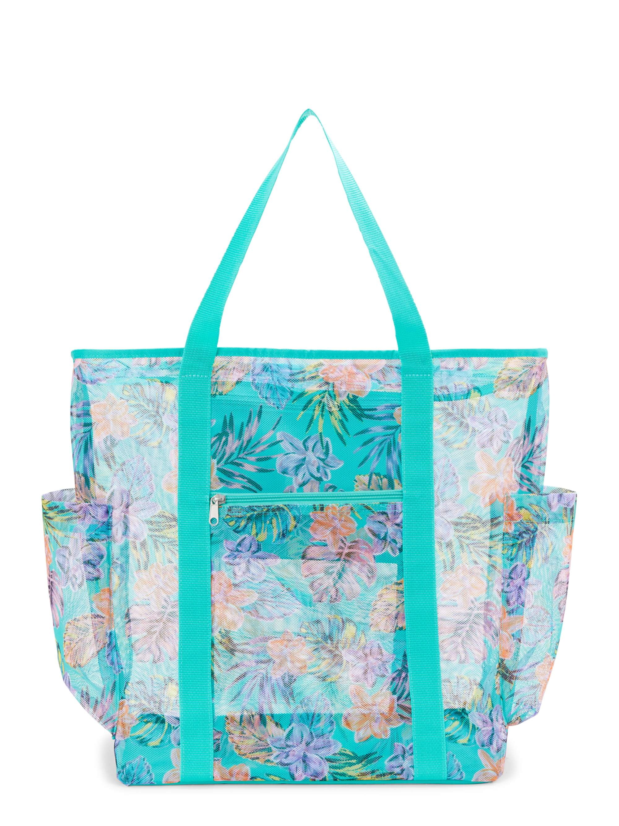 Time and Tru Large Carryall Mesh Beach Tote with Dangle and Zip Pockets