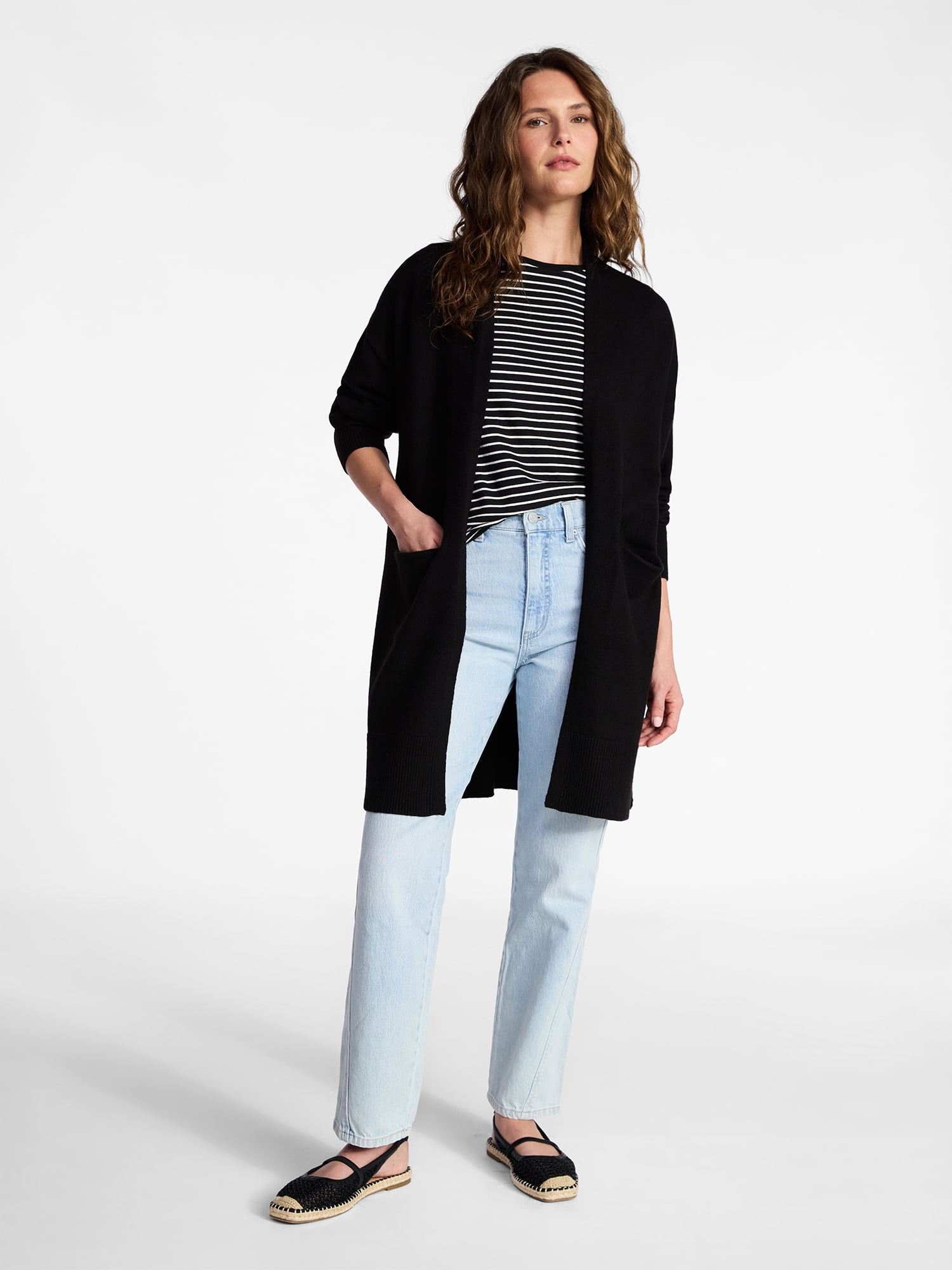 Time and Tru Women's Long Open Front Cardigan Sweater with Long Sleeves, Sizes XS-XXXL