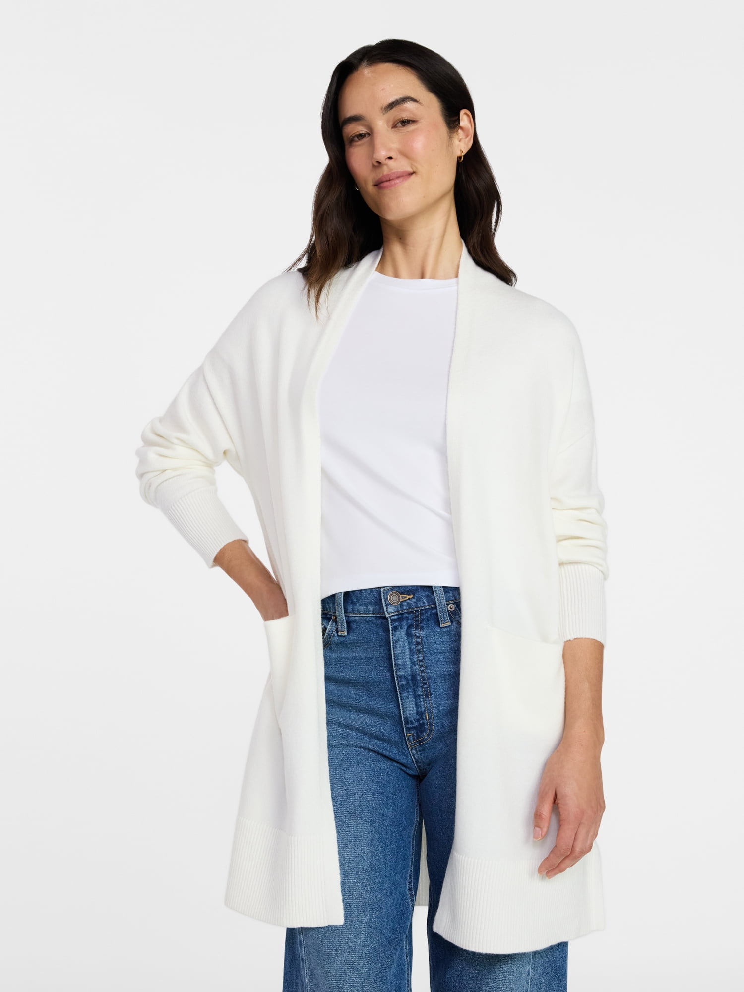 Time and Tru Women's Long Open Front Cardigan Sweater with Long Sleeves, Sizes XS-XXXL