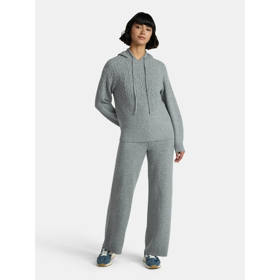 Time and Tru Women's Cable Knit Hoodie Sweater and Pants Set, 2-Piece, Sizes XS-XXXL