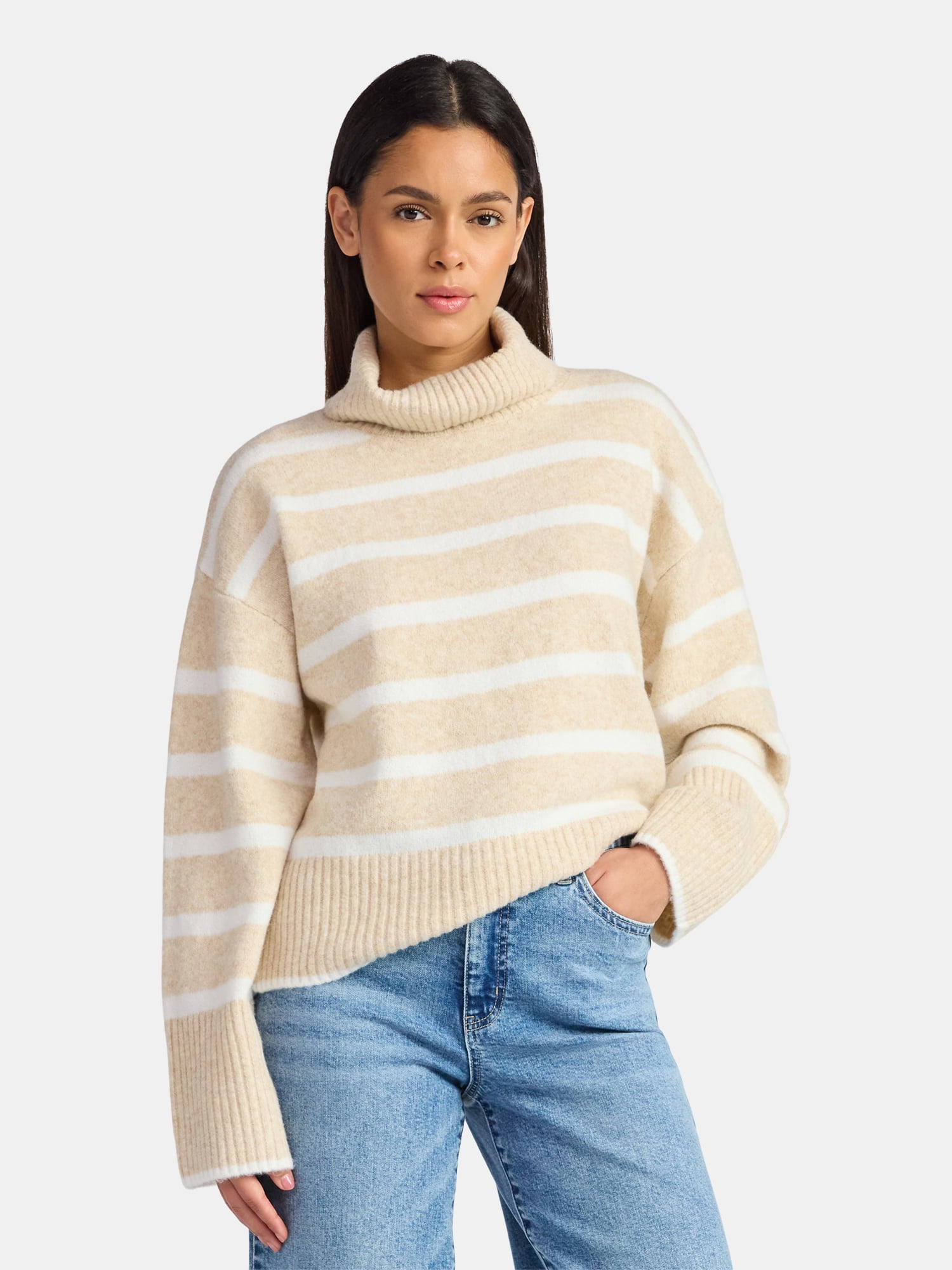 Time and Tru Women's Chunky Turtleneck Pullover Sweater with Long Sleeves, Mid-weight, Sizes XS-XXXL