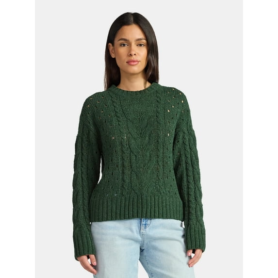Time and Tru Women's Cable Knit Pullover Sweater with Long Sleeves, Midweight, Sizes XS-XXXL
