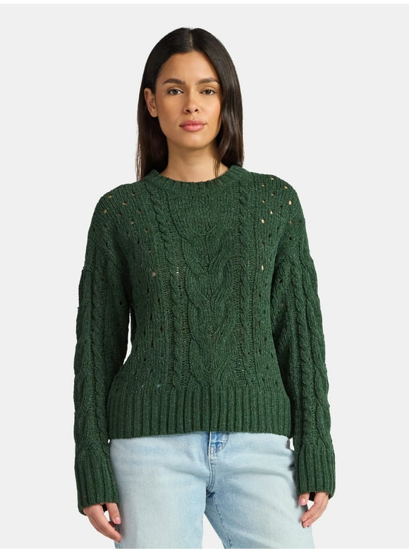 Women's Cable Knit Pullover Sweater with Long Sleeves, Midweight, Sizes XS-XXXL