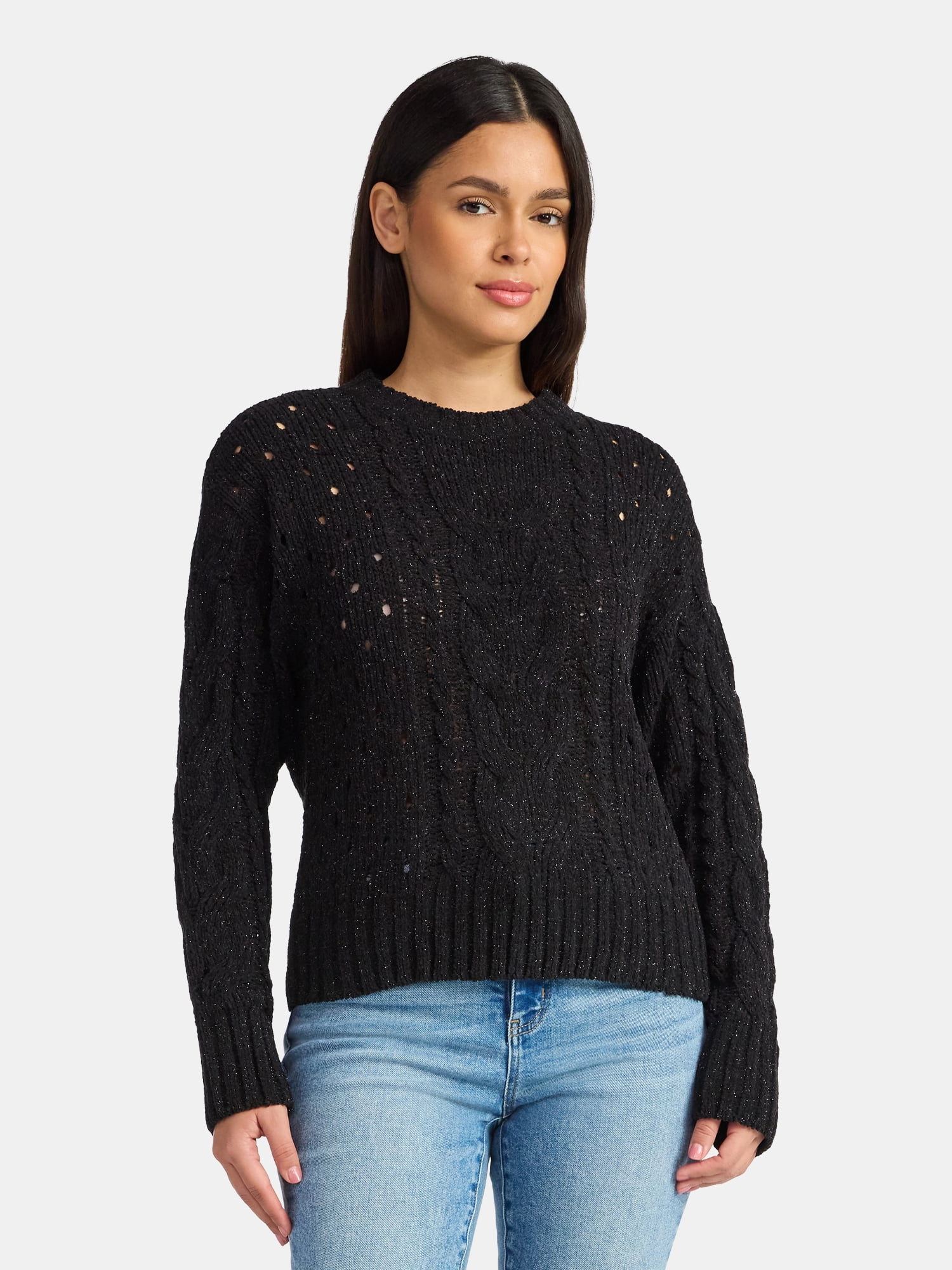 Time and Tru Women's Cable Knit Pullover Sweater with Long Sleeves, Midweight, Sizes XS-XXXL