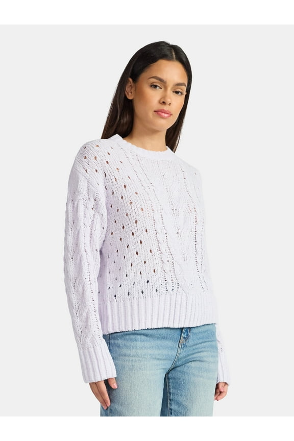 Women's Cable Knit Pullover Sweater with Long Sleeves, Midweight, Sizes XS-XXXL